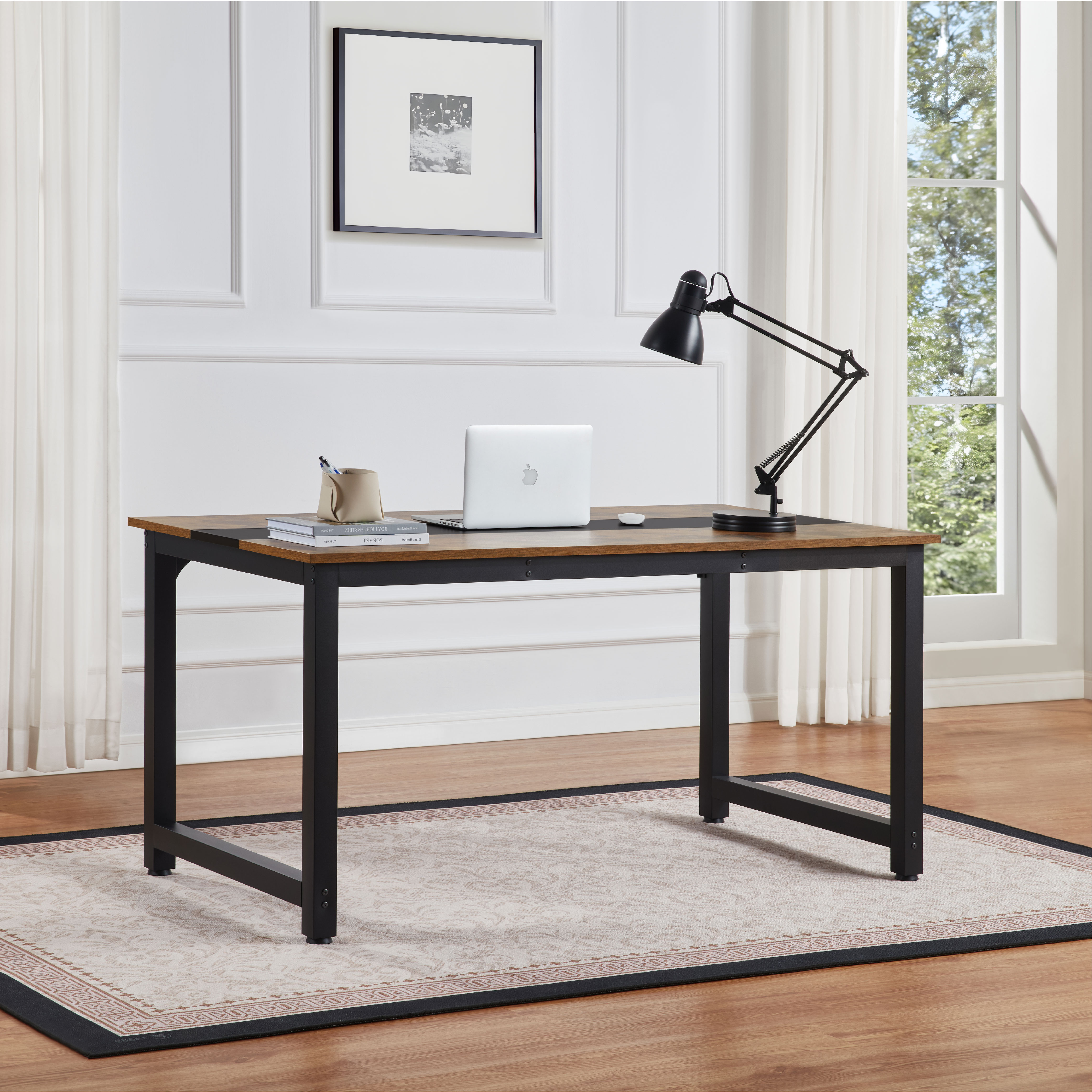 Computer Desk Large Office Desk, 59.8 Inch Gaming Desk Writing Desk Work Desk For Home Office, Study, Modern Simple Wooden Desk, Large Legroom, Metal Frame, Rustic/Black_voghion.com